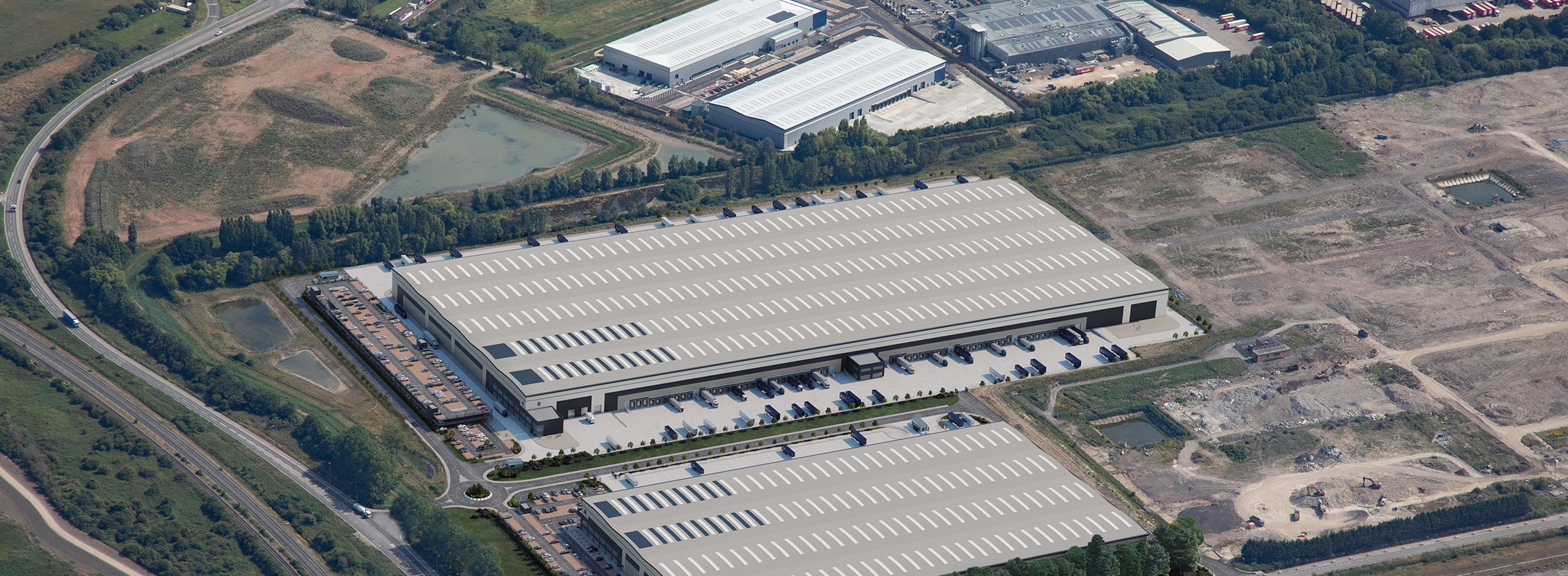 Aerial view of large distribution centre warehouses