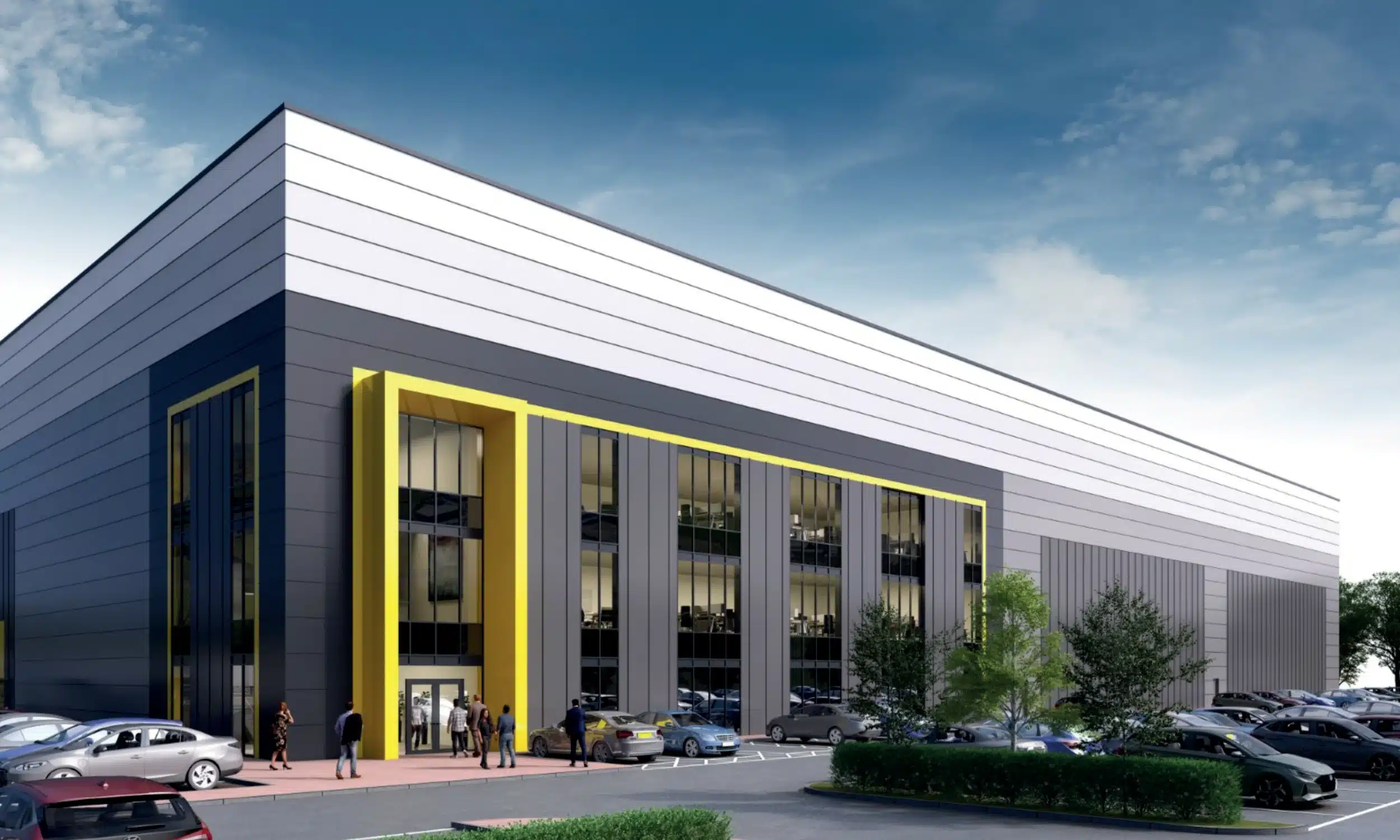 Modern office building with parking lot.