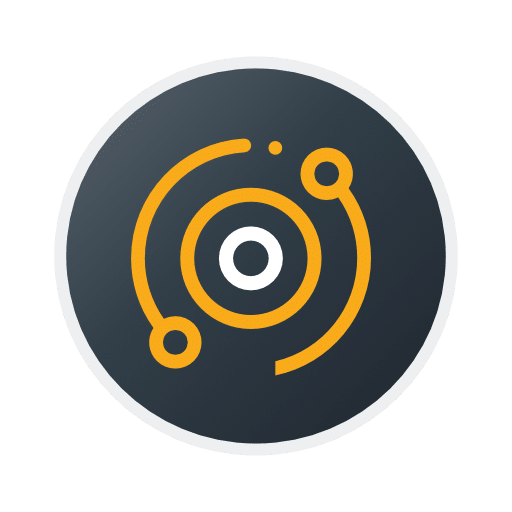 Stylised atomic orbit icon on dark background