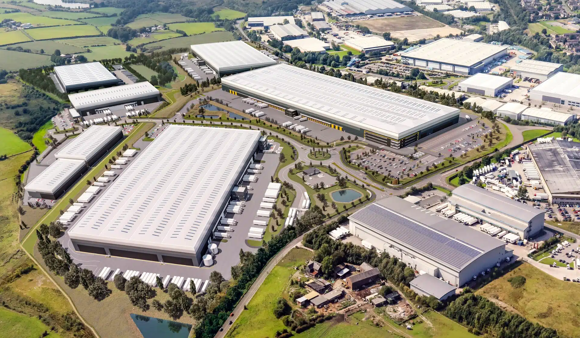 Aerial view of large warehouse and logistics park