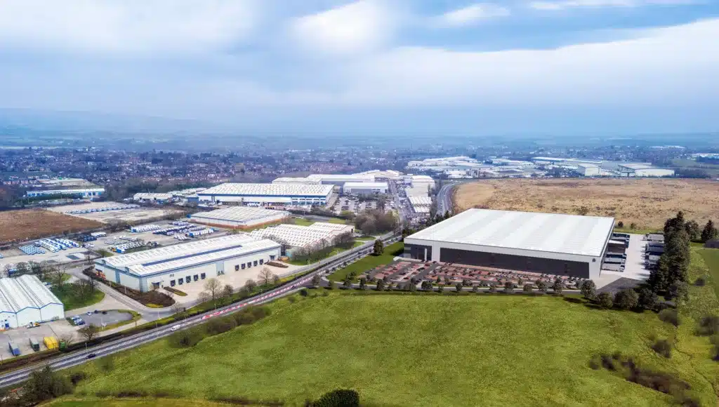 Aerial view of industrial estate and warehouses