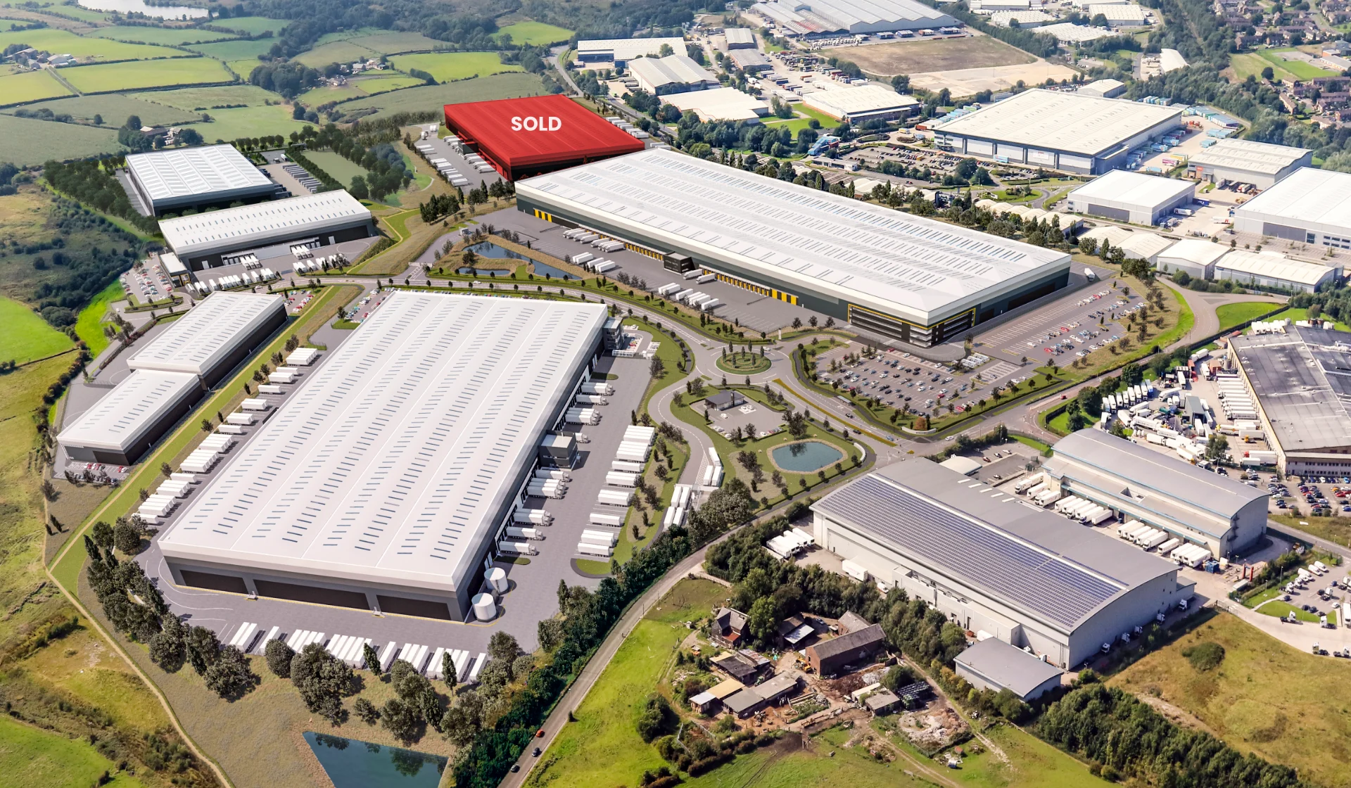 Aerial view of large industrial warehouse park