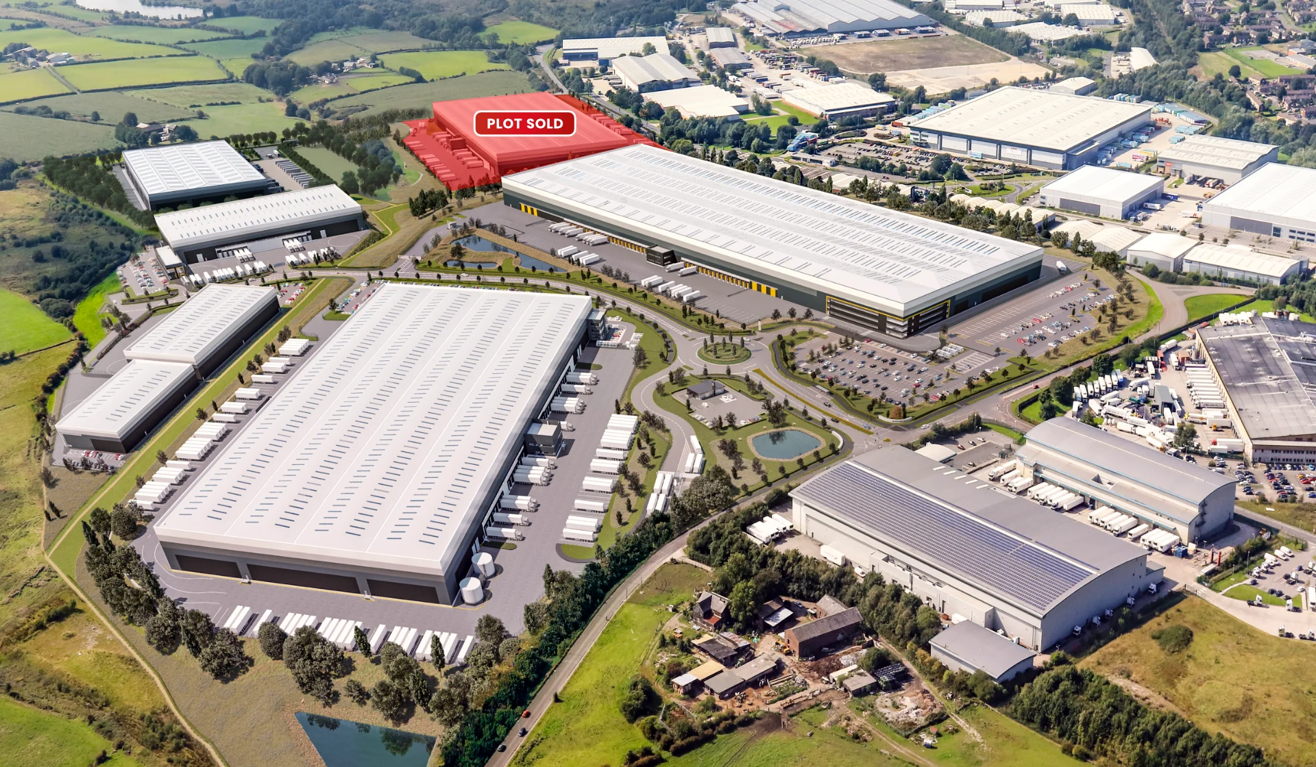 Aerial view of industrial estate with sold plot