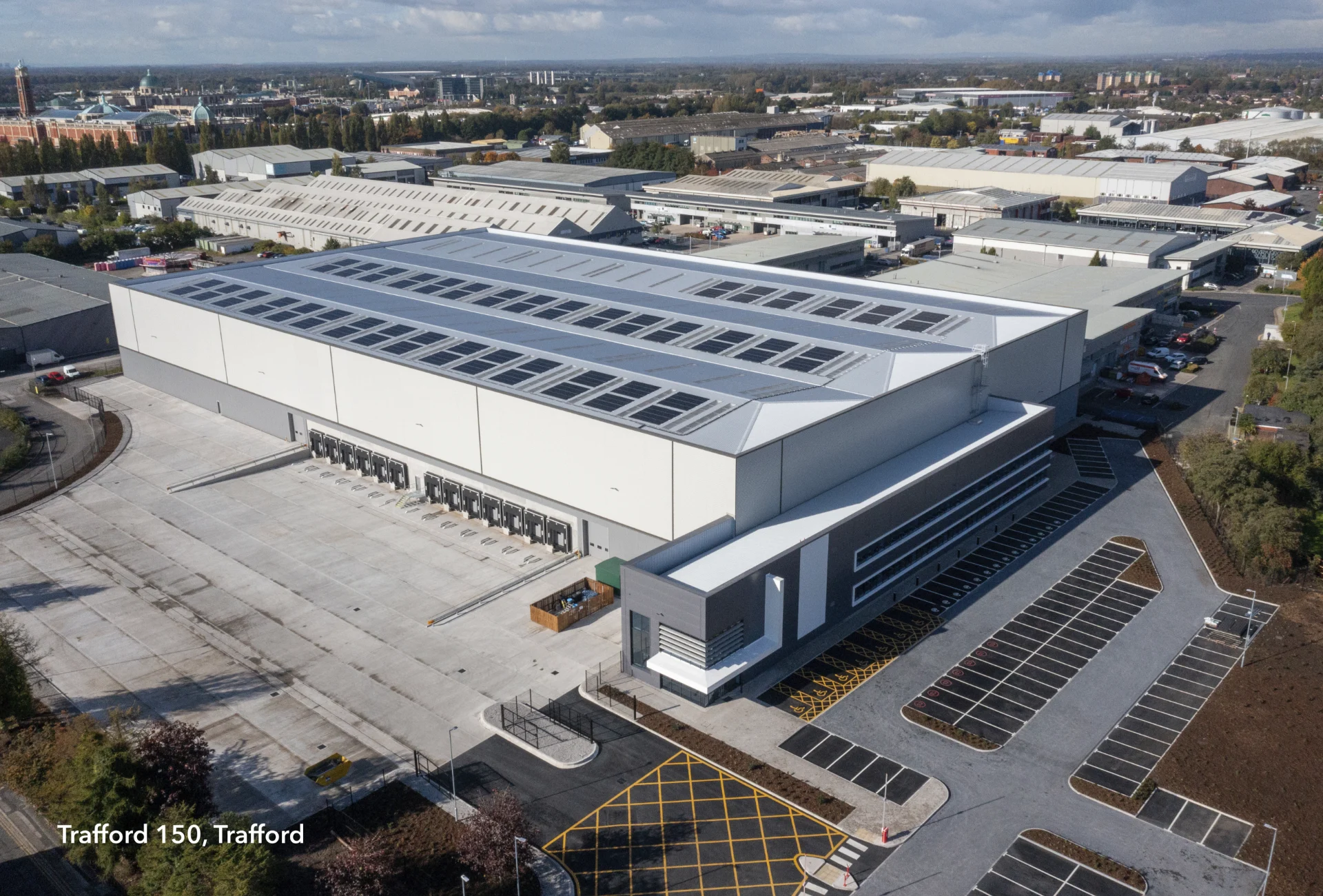 Aerial view of Trafford 150 warehouse with rooftop solar panels
